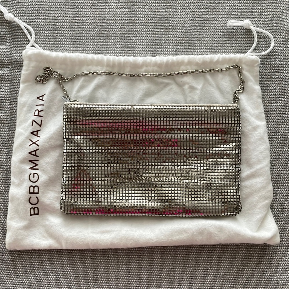 EUC Authentic BCBG MaxAzria Silver Mesh Chrome Evening Wristlet Bag